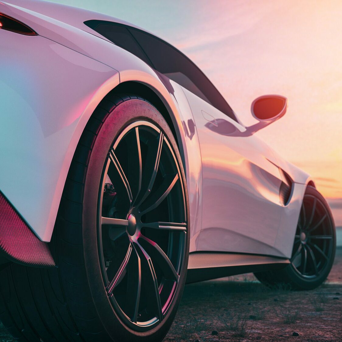 The image in back of the sports car scene behind as the sun going down with in the back. 3d rendering and illustration.